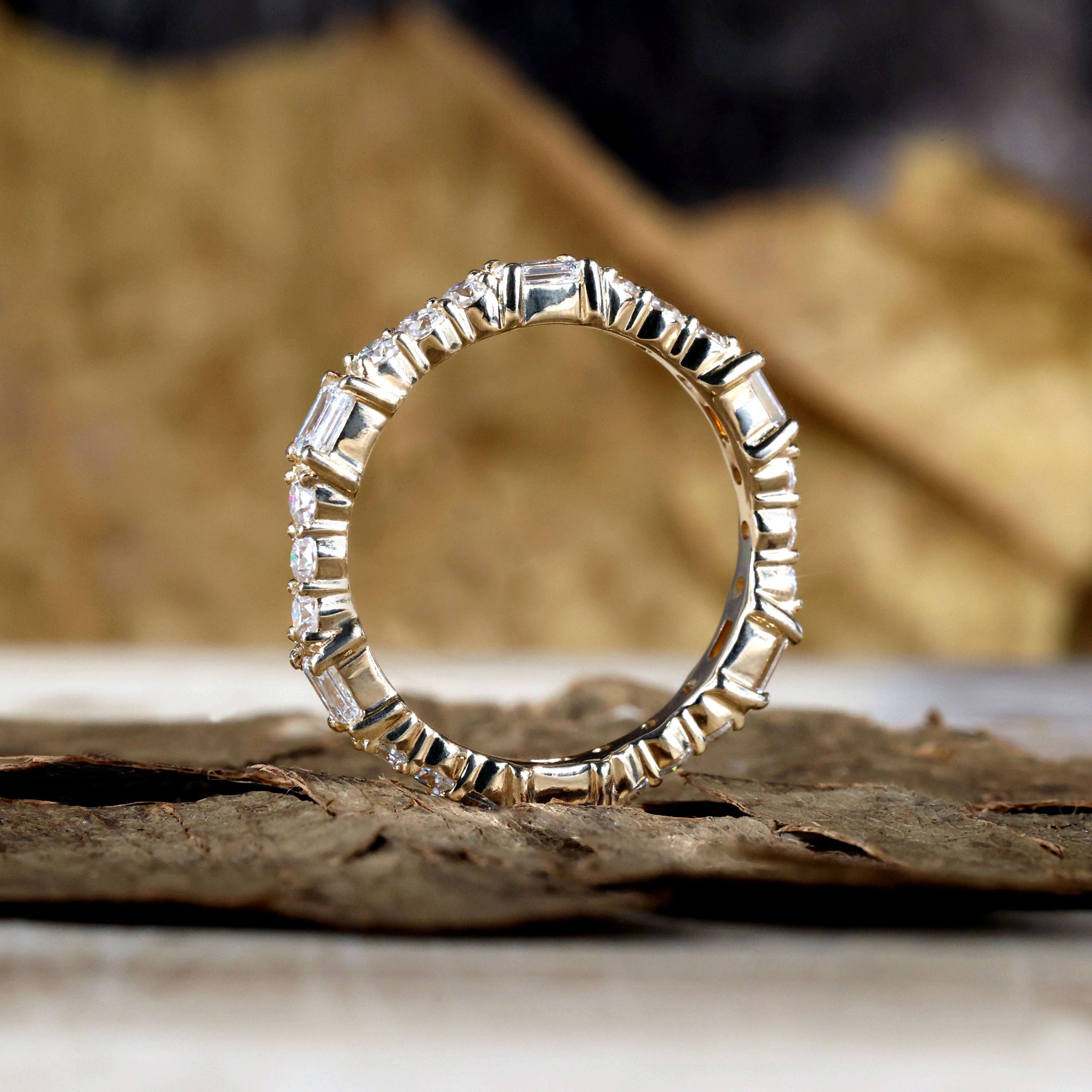 Unique Yellow Gold Emerald & Round Cut Diamond Wedding Band In Sterling Silver