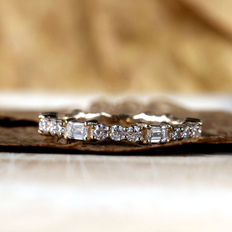 Unique Yellow Gold Emerald & Round Cut Diamond Wedding Band In Sterling Silver