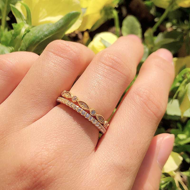Yellow Gold Art Deco Full Eternity Stackable Wedding Band Set In Sterling Silver