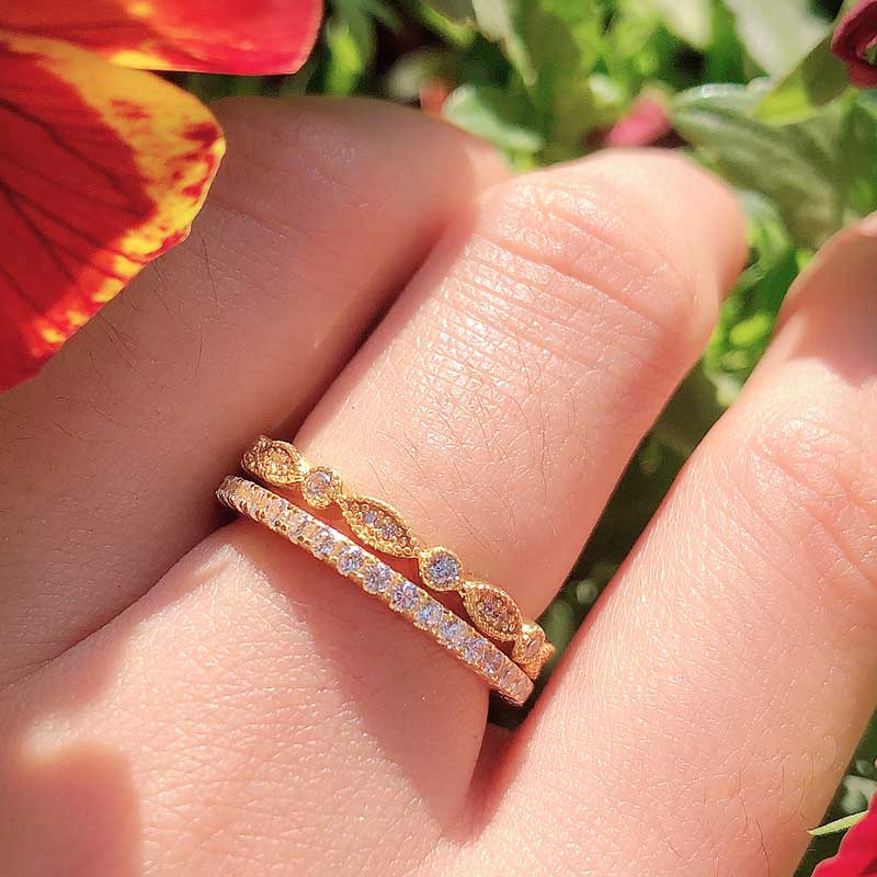 Yellow Gold Art Deco Full Eternity Stackable Wedding Band Set In Sterling Silver