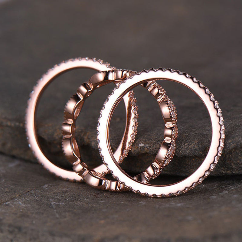 Rose Gold Art Deco 3PC Stackable Wedding Band Set In Sterling Silver