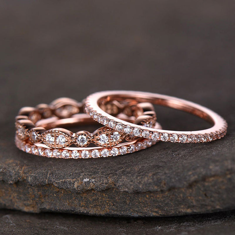 Rose Gold Art Deco 3PC Stackable Wedding Band Set In Sterling Silver