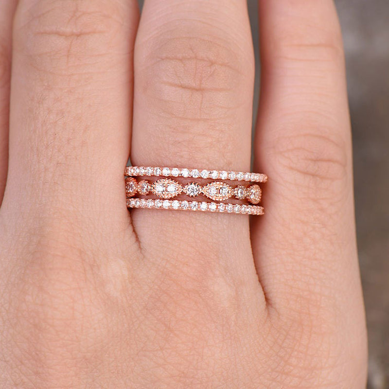 Rose Gold Art Deco 3PC Stackable Wedding Band Set In Sterling Silver