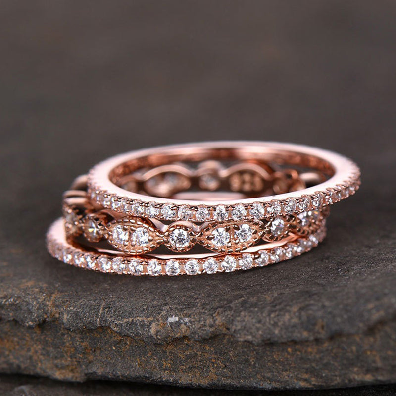 Rose Gold Art Deco 3PC Stackable Wedding Band Set In Sterling Silver