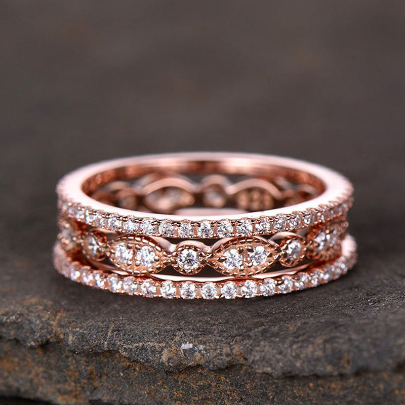 Rose Gold Art Deco 3PC Stackable Wedding Band Set In Sterling Silver