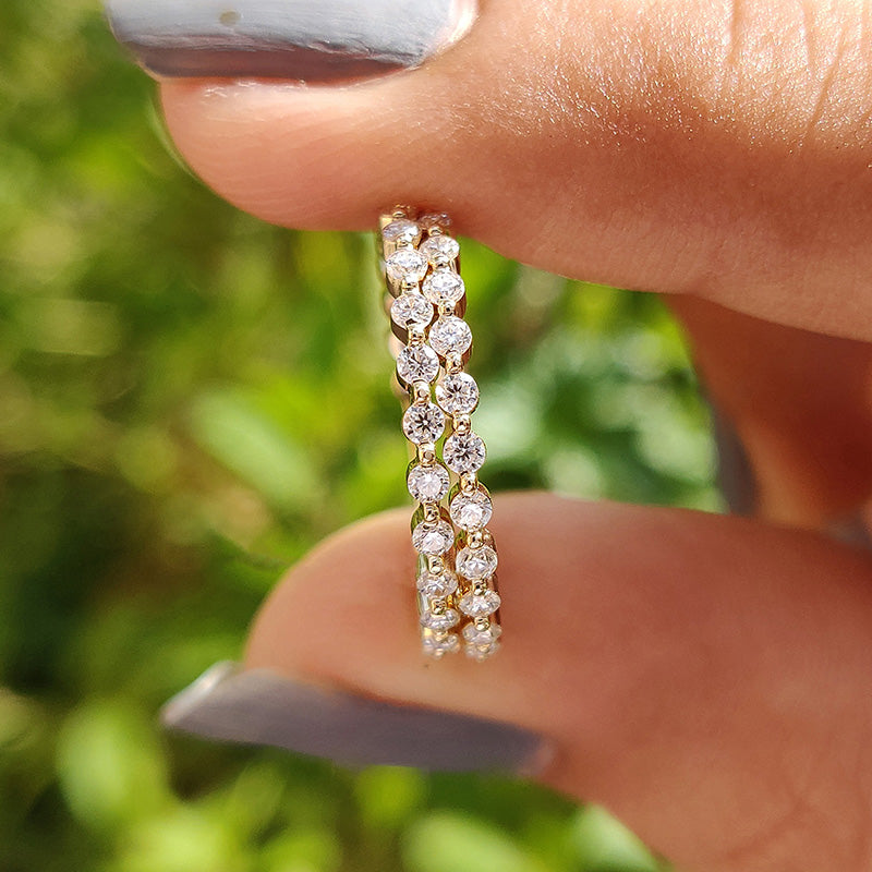 Elegant Yellow Gold Round Cut Full Eternity Wedding Band Set In Sterling Silver