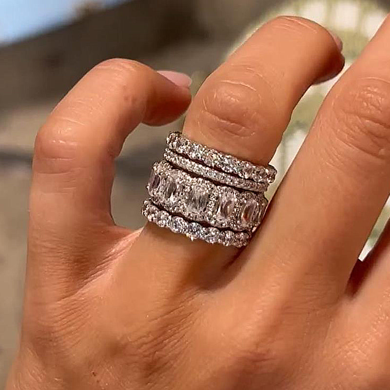 Luxurious Cushion Cut 4PC Wedding Band Set For Women In Sterling Silver