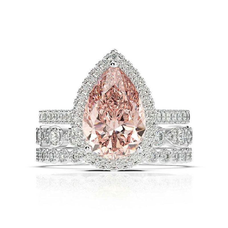 Halo Pear Cut 2.2 Carat Morganite Wedding Ring Set 3 PC In White Gold