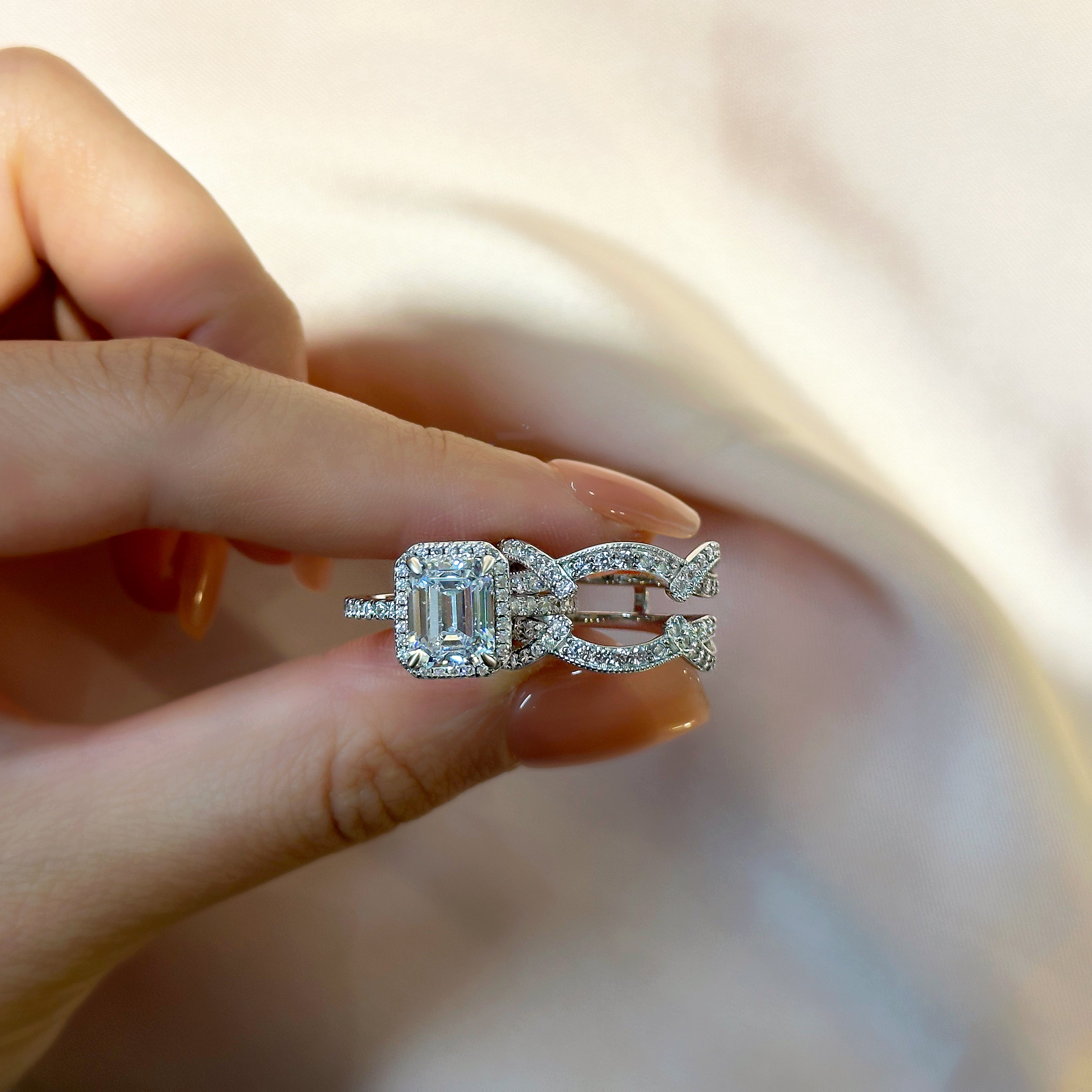 Ahabobo Classic Halo Emerald Cut Insert Wedding Ring Set For Women In Sterling Silver