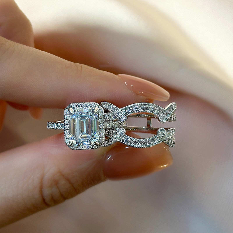 Ahabobo Classic Halo Emerald Cut Insert Wedding Ring Set For Women In Sterling Silver