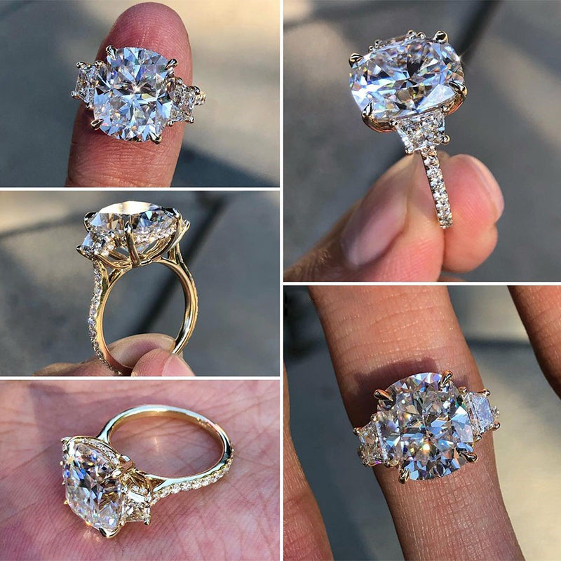 Noble Yellow Gold Cushion Cut Three Stone Engagement Ring