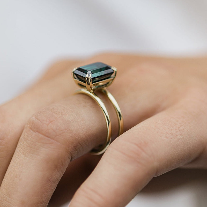 Unique Design Yellow Gold Emerald Cut Engagement Ring In Sterling Silver