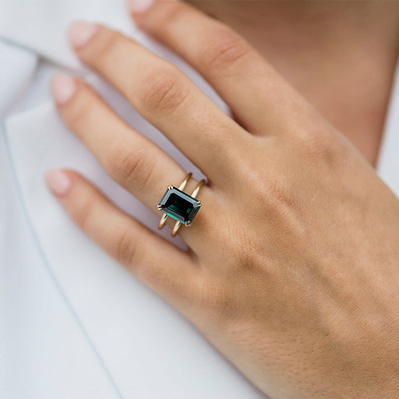 Unique Design Yellow Gold Emerald Cut Engagement Ring In Sterling Silver
