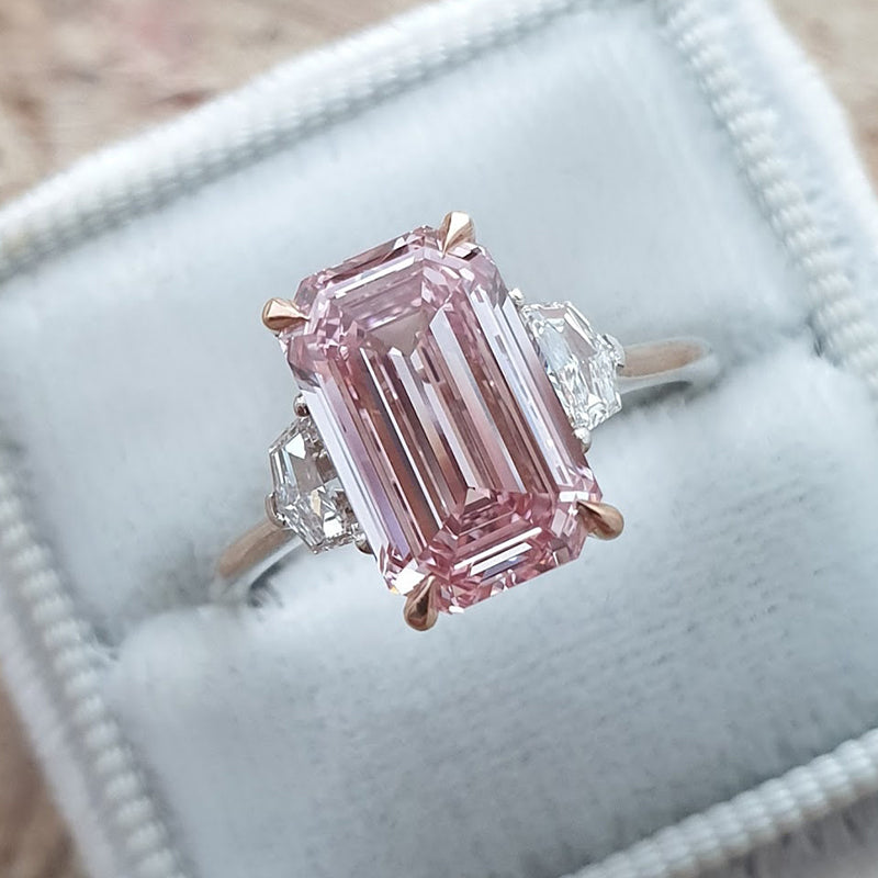 Gorgeous Emerald Cut Morganite Pink Three Stone Engagement Ring In Sterling Silver
