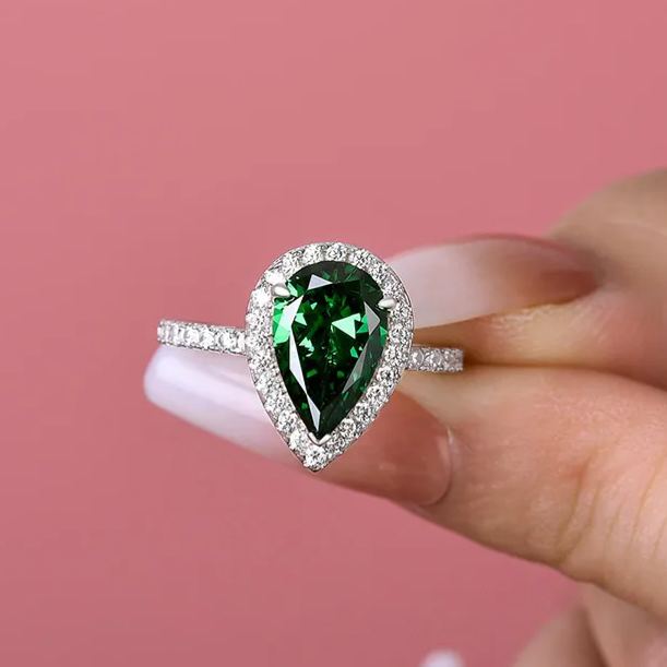 2.2 Carat Emerald Green Sapphire Halo Pear Cut Engagement Ring In Sterling Silver