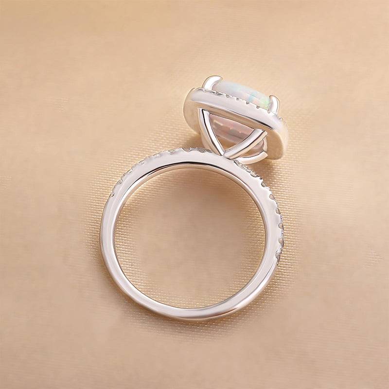 Unique Halo Cushion Cut Opal Stone Engagement Ring In Sterling Silver