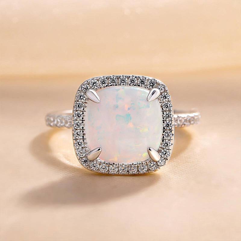 Unique Halo Cushion Cut Opal Stone Engagement Ring In Sterling Silver
