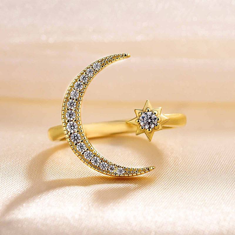 Crescent Moon & Star Adjustable Open Ring