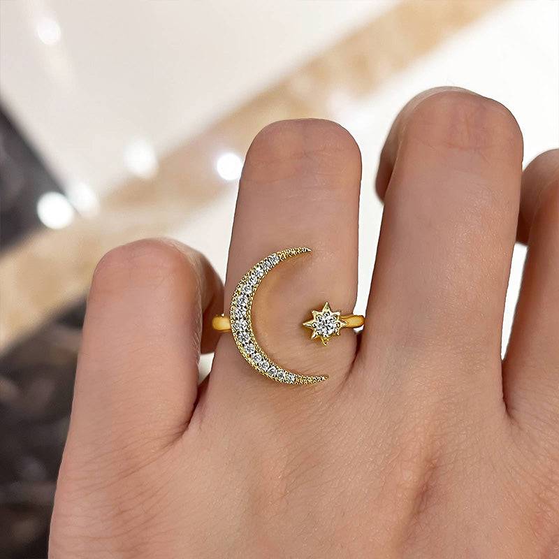 Crescent Moon & Star Adjustable Open Ring