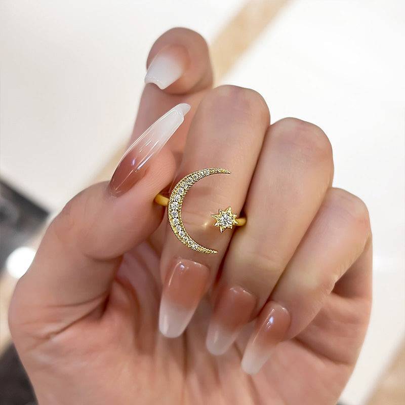 Crescent Moon & Star Adjustable Open Ring