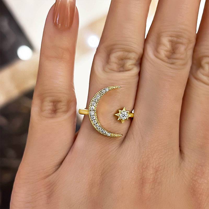 Crescent Moon & Star Adjustable Open Ring