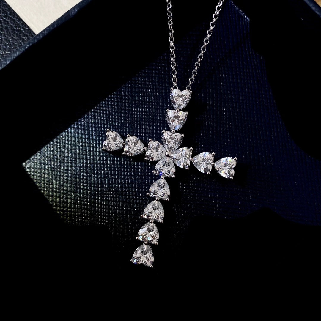 Fashion Heart Cut Cross Pendant Necklace In Sterling Silver