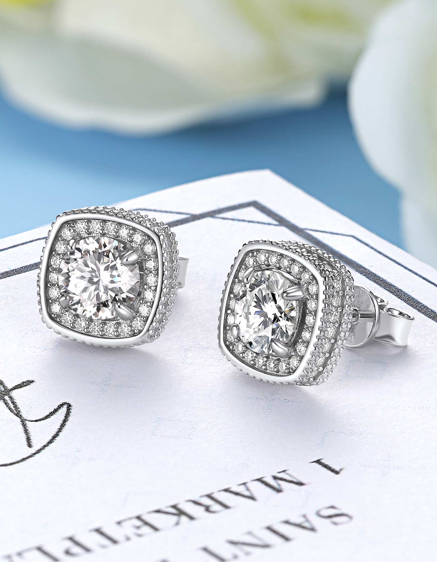 Ahabobo Cushion Cut Moissanite Earrings Halo Studs For Women