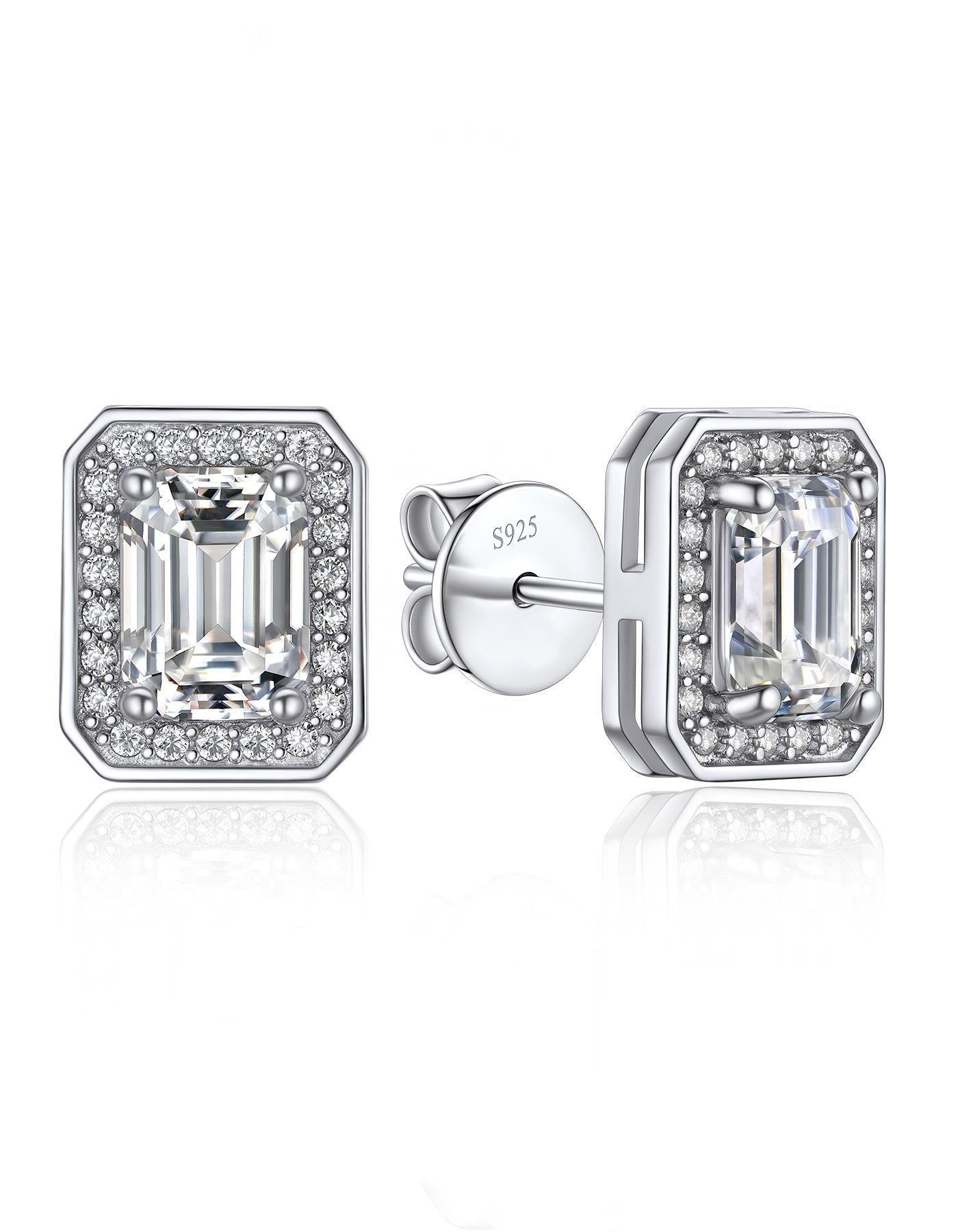 Ahabobo Emerald Cut Moissanite Halo Stud Earrings in S925 Silver
