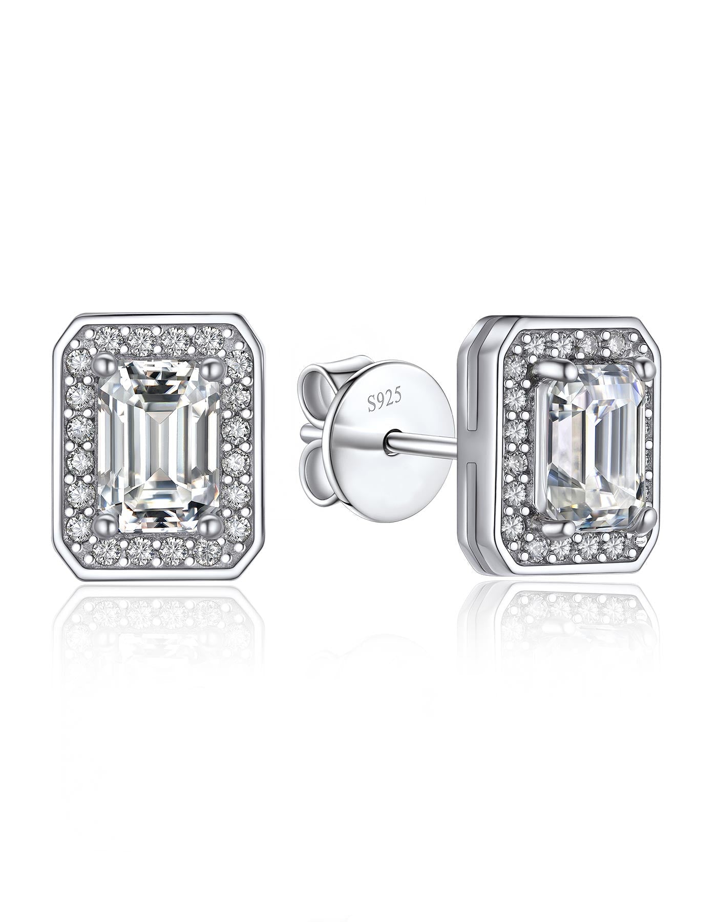 Ahabobo Emerald Cut Moissanite Halo Stud Earrings in S925 Silver