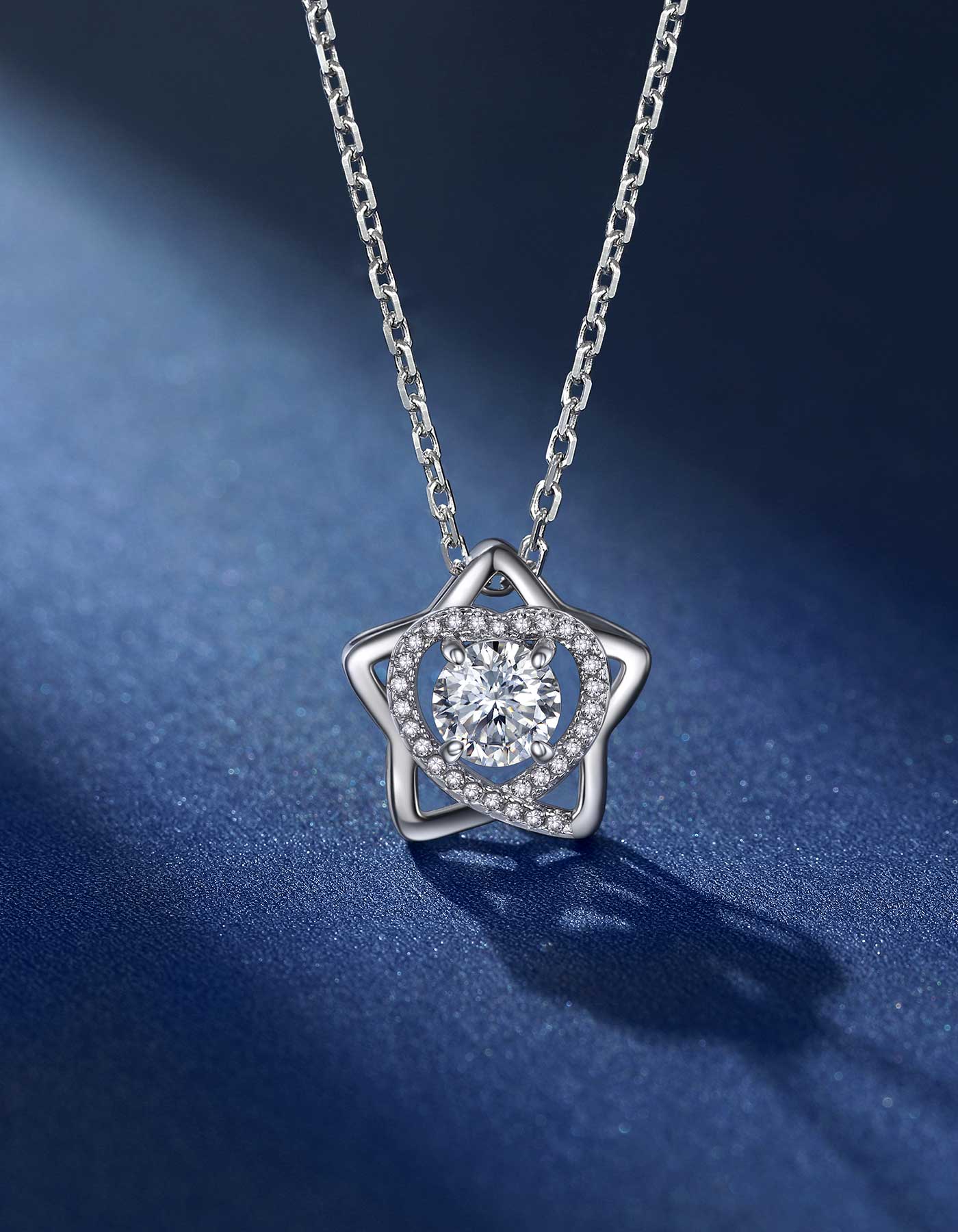 Ahabobo Pentagram Moissanite Heart Pendant Necklace For Women