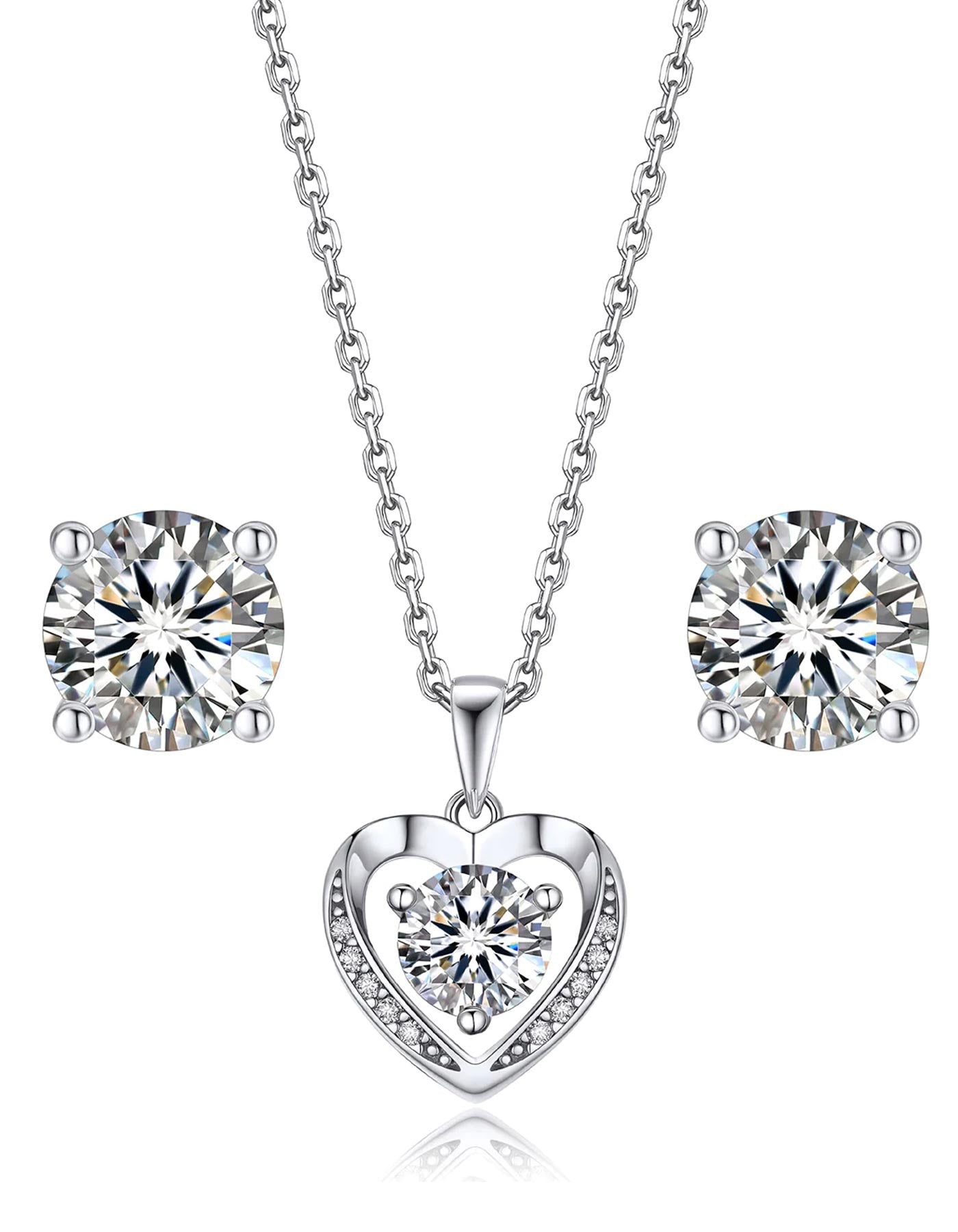 Ahabobo Moissanite Heart Necklace and Stud Earrings
