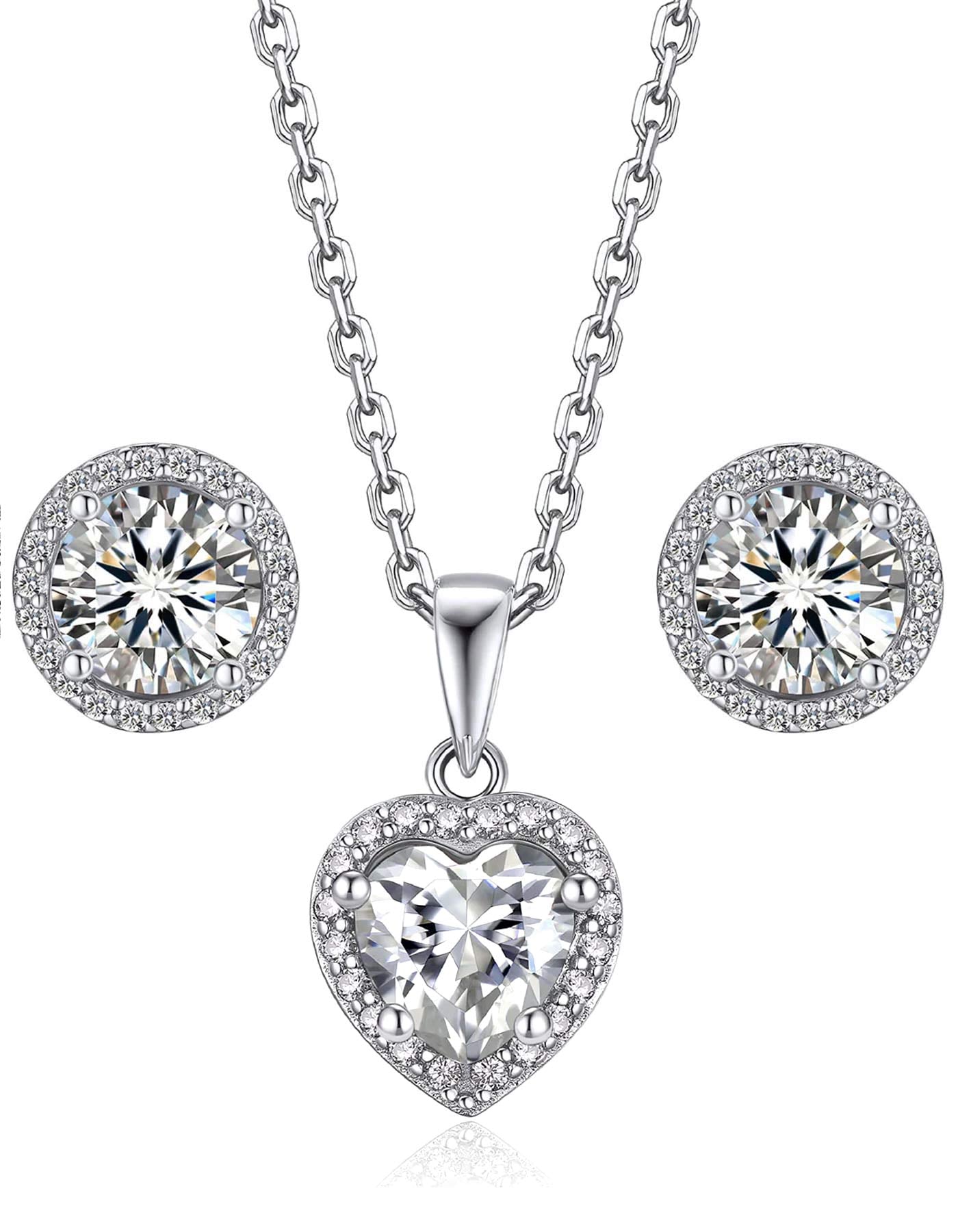 Ahabobo Moissanite Heart Pendant and Halo Stud Earrings Set