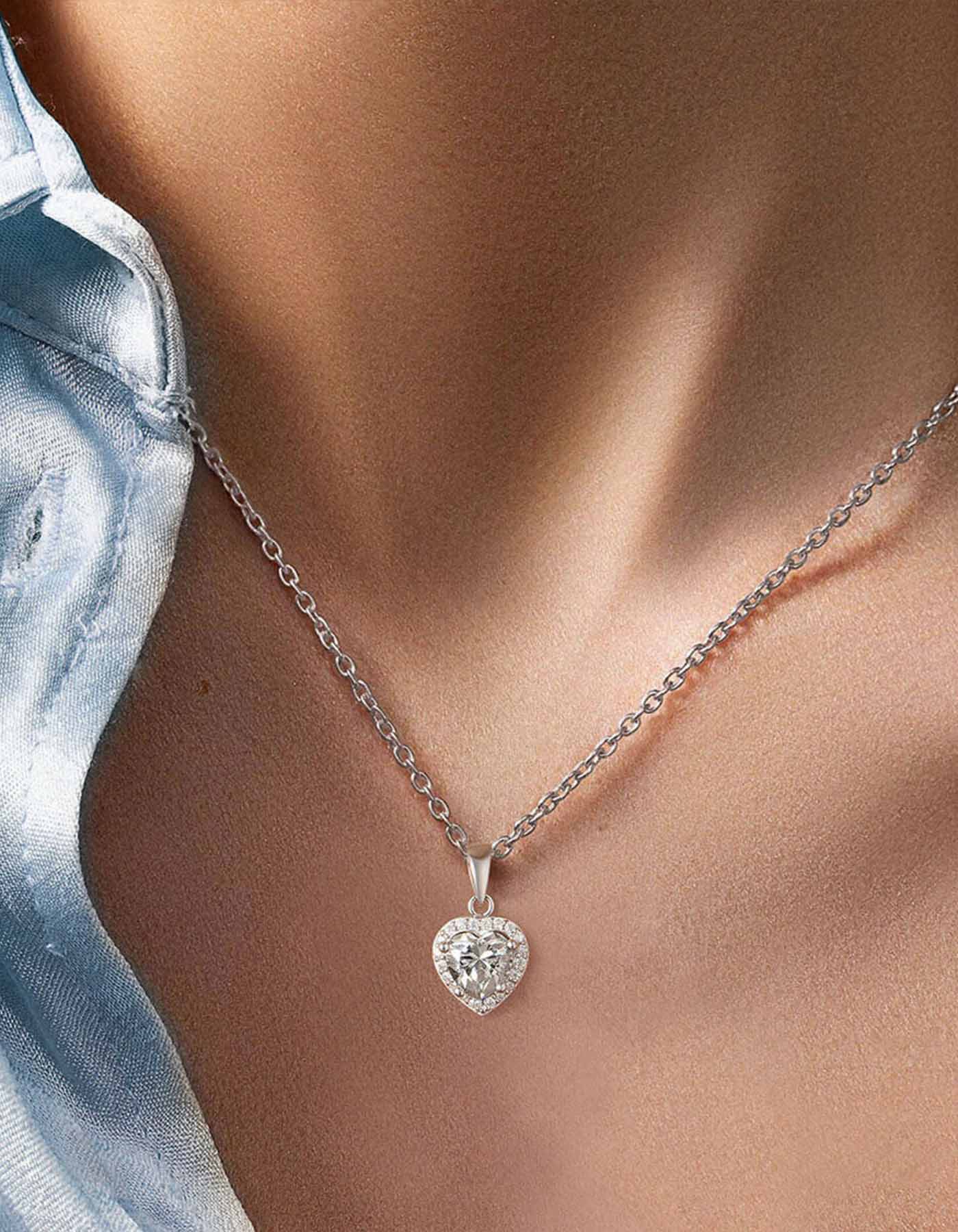 Ahabobo Moissanite Halo Heart Necklace For Women