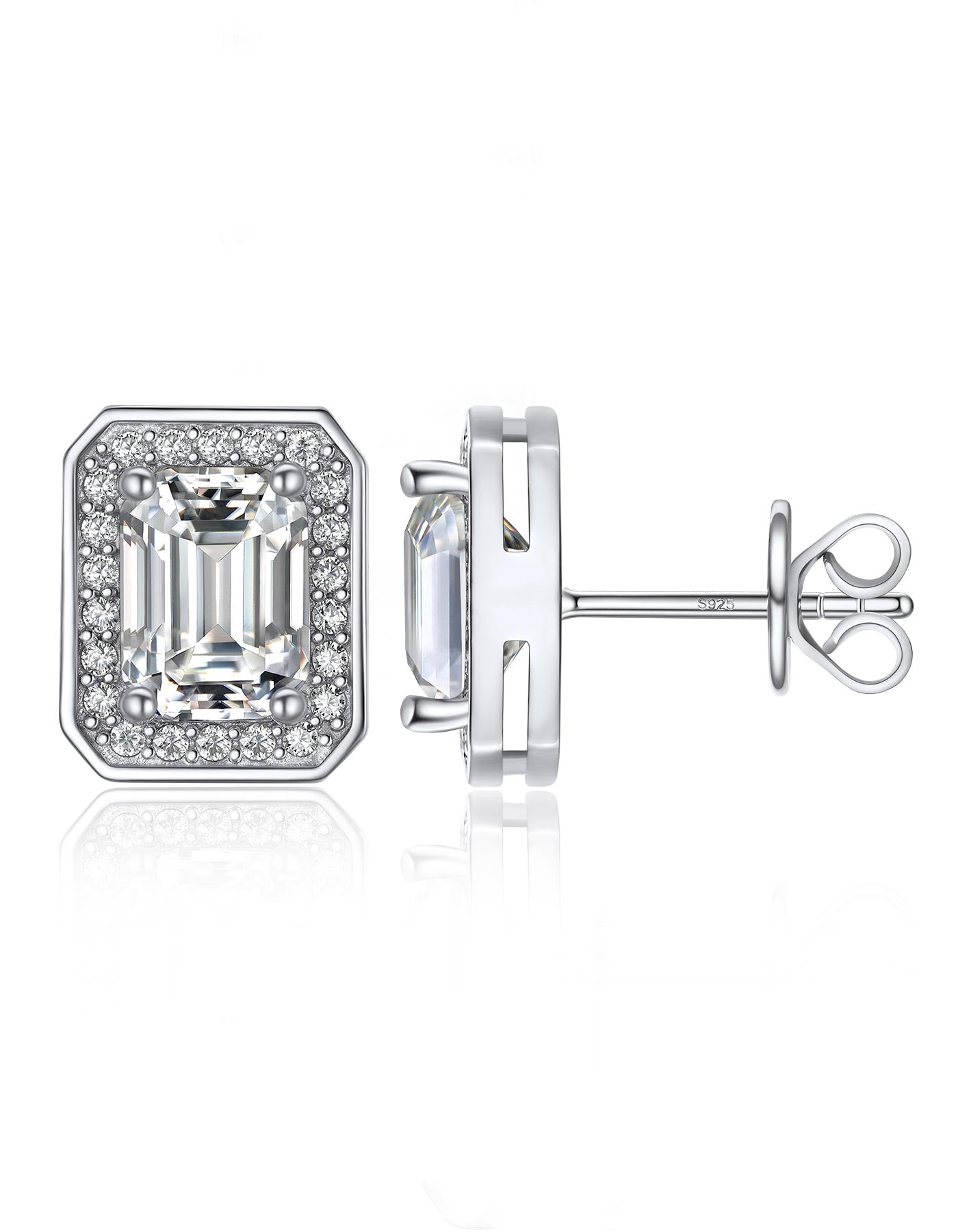 Ahabobo Emerald Cut Moissanite Halo Stud Earrings in S925 Silver