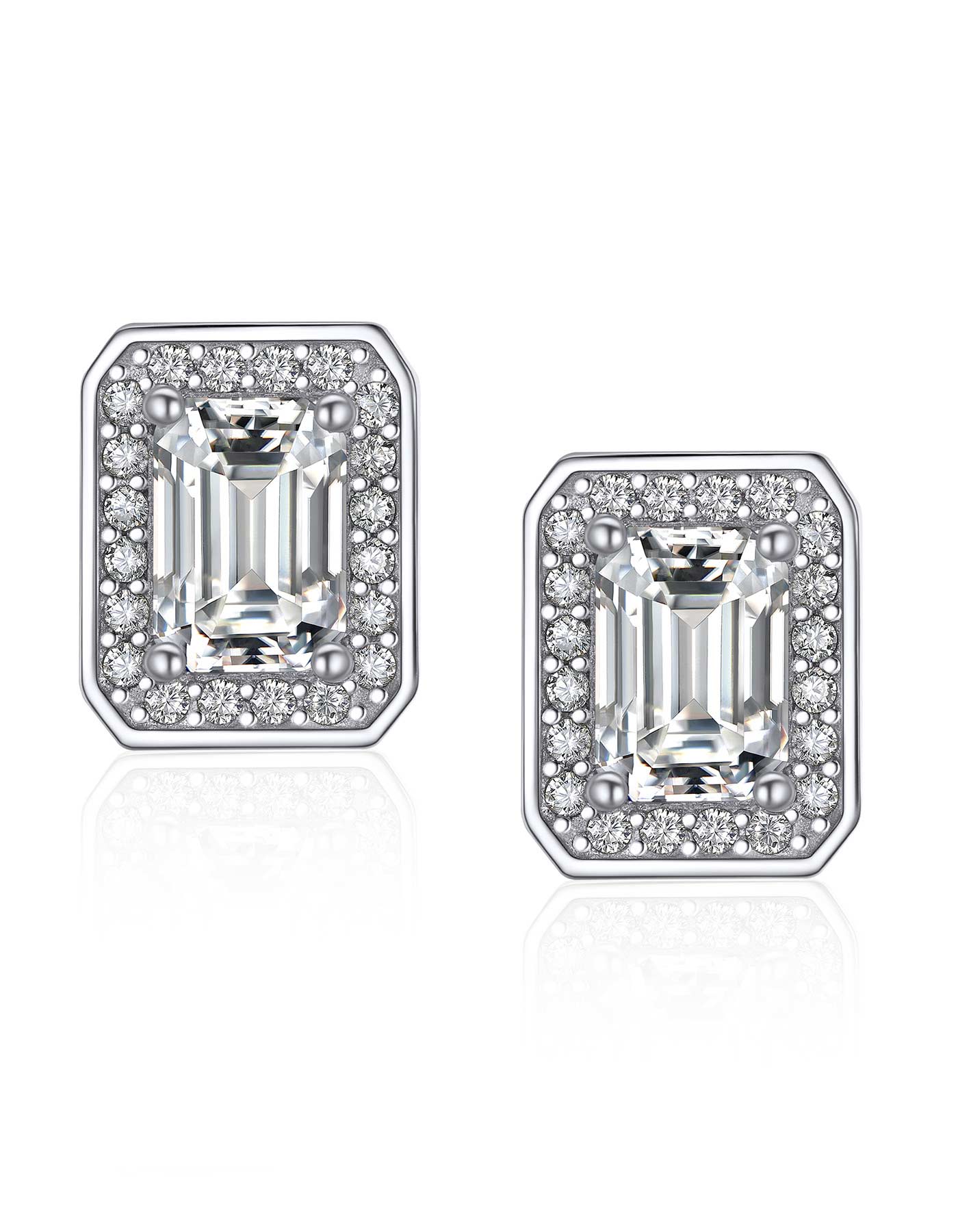 Ahabobo Emerald Cut Moissanite Halo Stud Earrings in S925 Silver