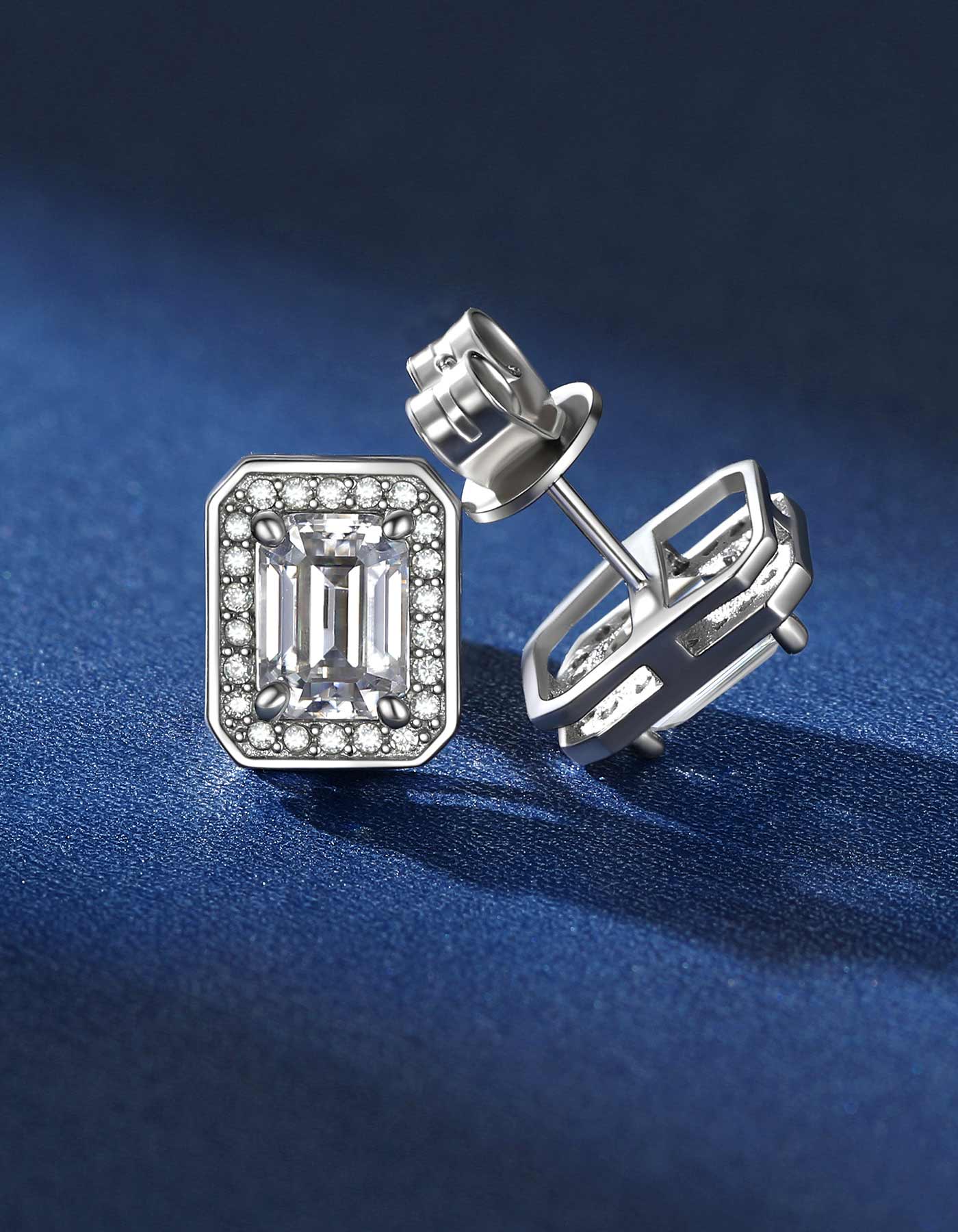 Ahabobo Emerald Cut Moissanite Halo Stud Earrings in S925 Silver