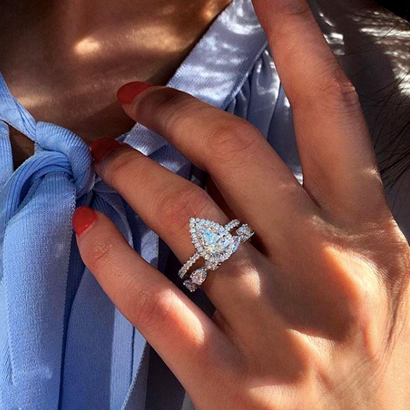 Sterling Silver Bridal Set Halo Pear Cut Engagement Ring & Pear Cut Wedding Band