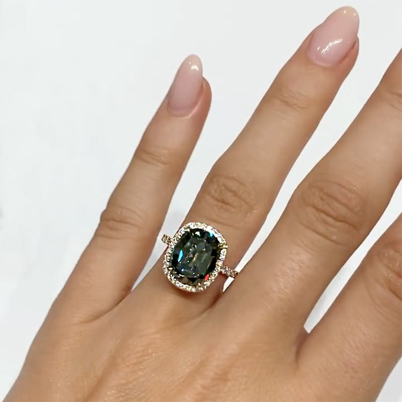Unique Alexandrite Yellow Gold Halo Cushion Cut Engagement Ring