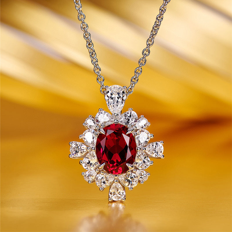 2.5 Carat Halo Ruby Oval Cut Pendant with Necklace In Sterling Silver