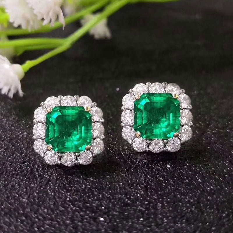2.0 Carat Halo Princess Cut Emerald Green Women's Stud Earrings In Sterling Silver