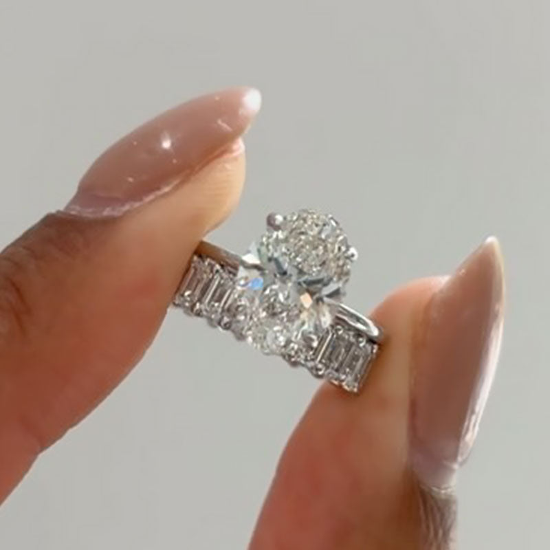 Maxine Classic Oval Cut Wedding Ring Set With Emerald Cut Wedding Band