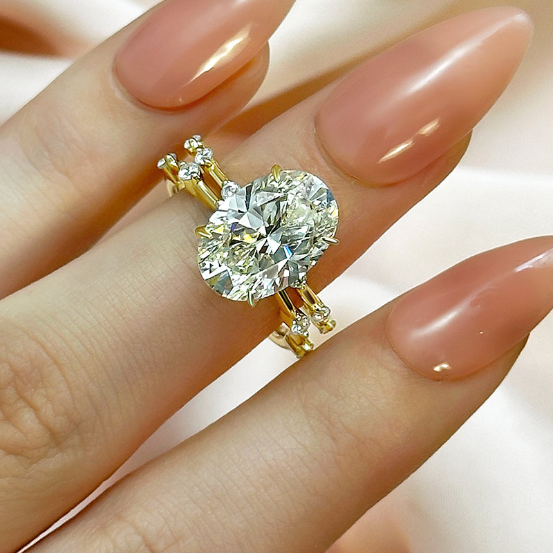 Ahabobo Yellow Gold Oval Cut Wedding Ring Set With Fashion Thin Wedding Band
