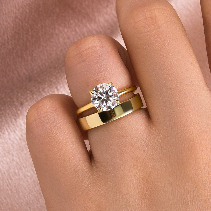 Maxine Moissanite 2.0 Carat Round Cut Yellow Gold Wedding Ring Set With Wide Wedding Band