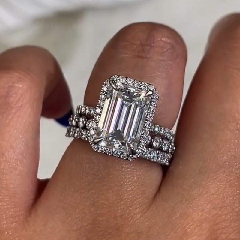 Maxine 3PC Halo Emerald Cut Wedding Ring Set With Classic Wedding Bands