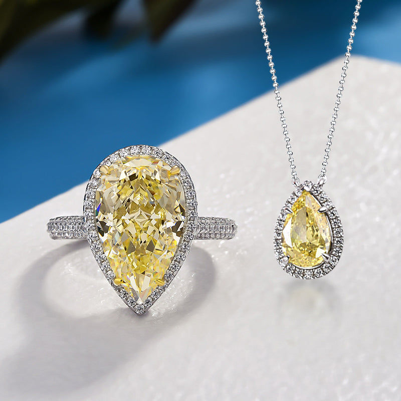 Exquisite Halo Pear Cut Yellow Sapphire 2PC Jewelry Set In Sterling Silver