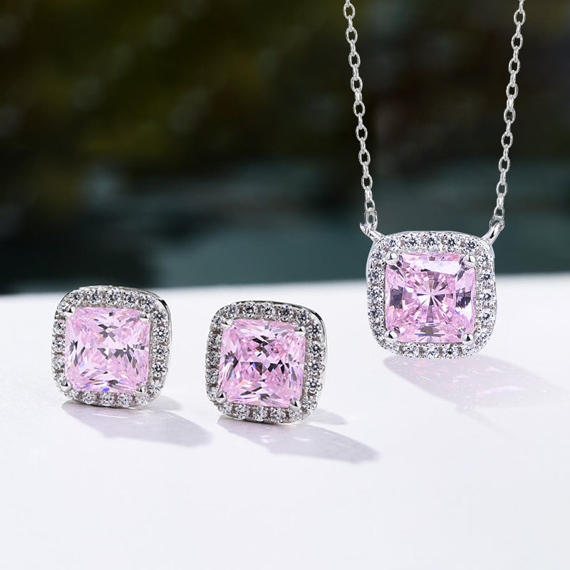 Elegant Pink Sapphire Sona Simulated Diamond 2PC Jewelry Set In Sterling Silver