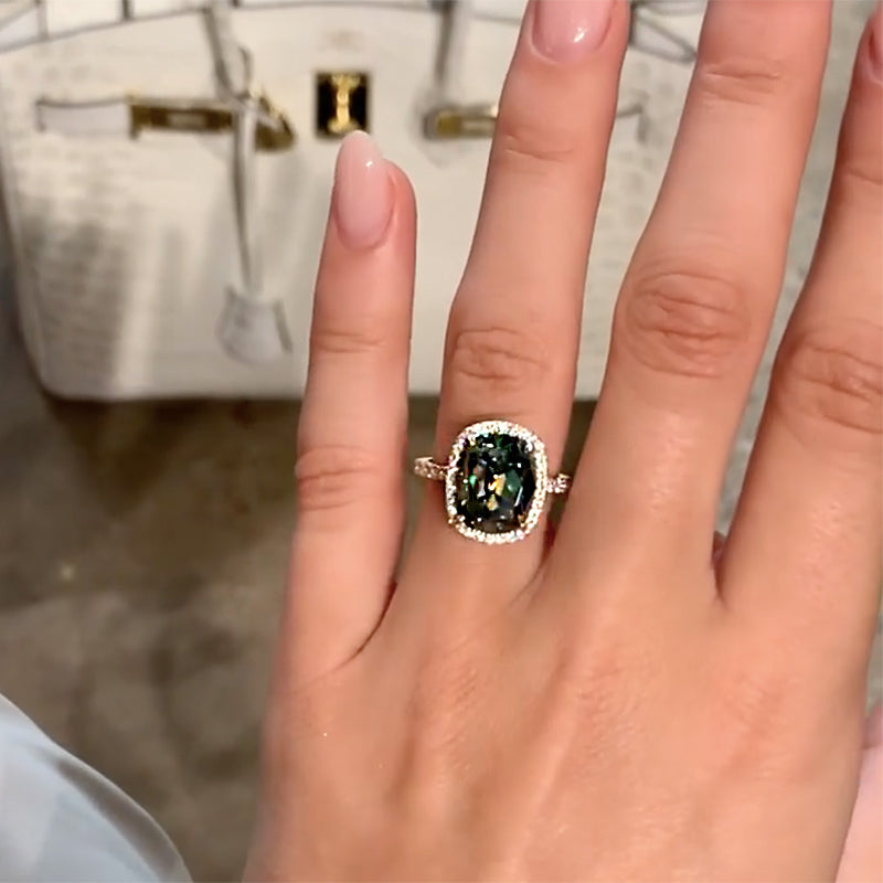 Unique Alexandrite Yellow Gold Halo Cushion Cut Engagement Ring