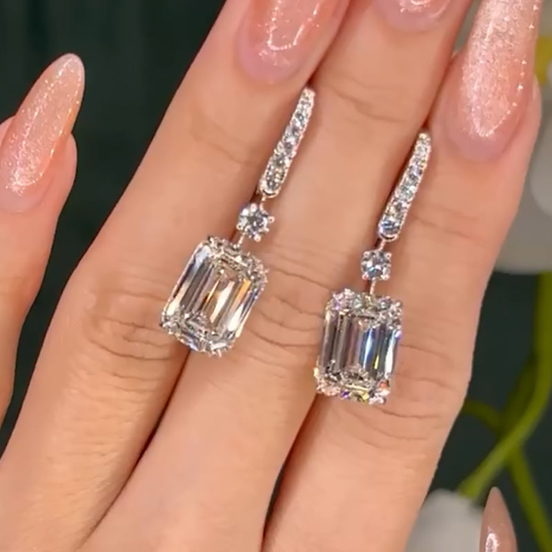 6.0Ct Emerald Cut Simulated Diamond Drop Earrings In Sterling Silver