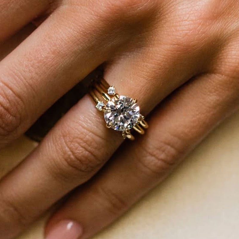 Classic 2.0Ct Round Cut Yellow Gold Wedding Ring Set With Two Open Wedding Bands