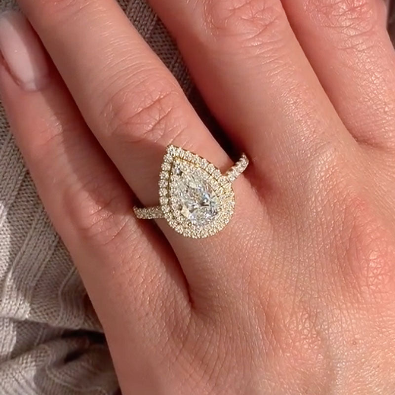 Double Halo Pear Cut Engagement Ring for Women